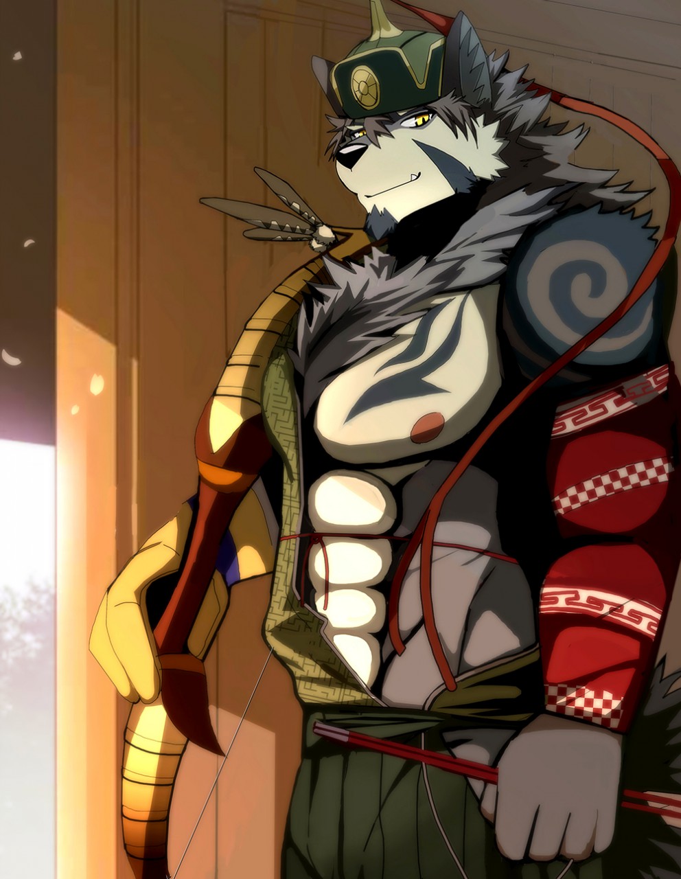 2017 abs anthro archer arrow bearlovestiger13 biceps canine clothing fur male mammal muscular muscular_male nipples pecs simple_background tattoo temujin tokyo_afterschool_summoners white_fur wolf