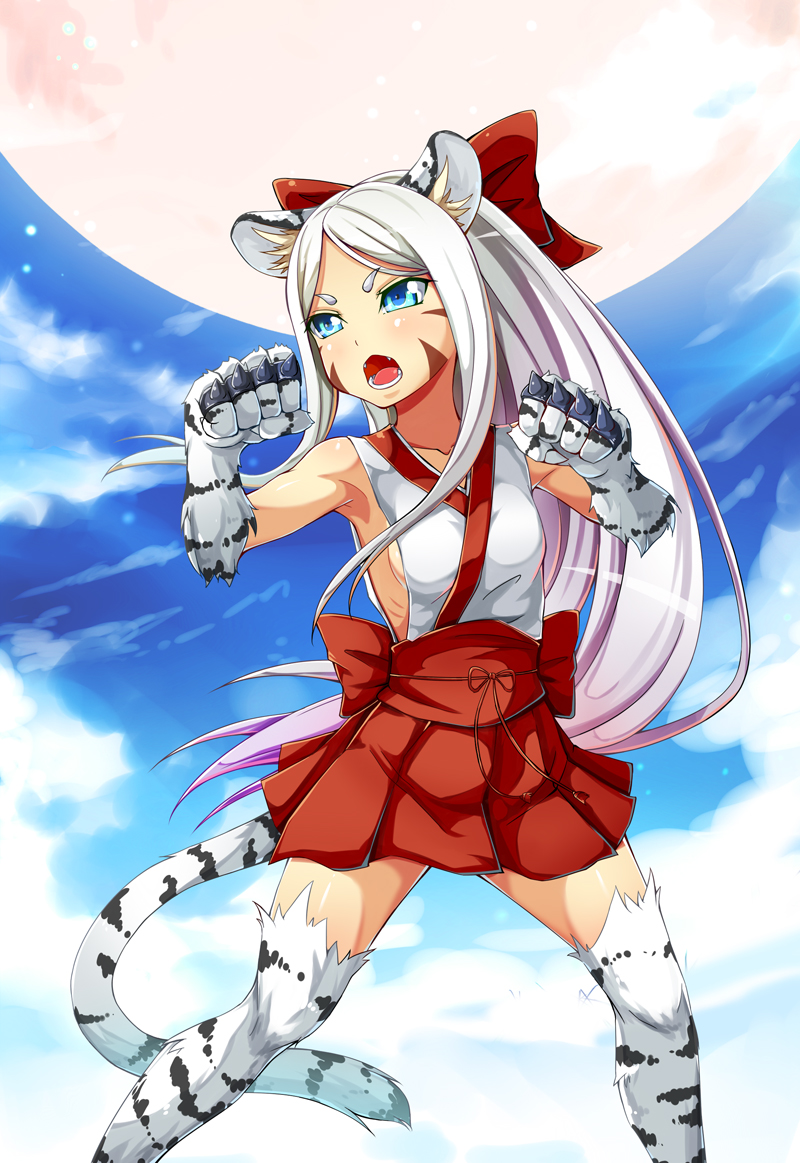 animal_ears bangs bare_shoulders blue_eyes blue_sky blush breasts claws clenched_hands cloud cloudy_sky day dream_demon eyebrows_visible_through_hair facial_mark fangs feet_out_of_frame fighting_stance fur gradient_hair hair_ribbon japanese_clothes long_hair monster_girl multicolored_hair open_mouth original outdoors parted_bangs pleated_skirt purple_hair red_ribbon red_skirt ribbon sash skirt sky small_breasts solo spiked_knuckles standing striped tail teeth tiger_ears tiger_tail v-shaped_eyebrows very_long_hair vest whisker_markings white_hair