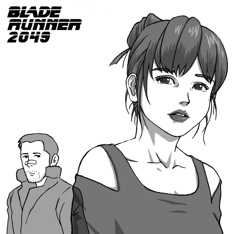 1girl bandaid bandaid_on_face blade_runner blade_runner_2049 coat commentary_request cyberpunk facial_hair greyscale joi k_(blade_runner_2049) kensuke_(55) lips logo looking_at_viewer mole monochrome ponytail science_fiction sketch