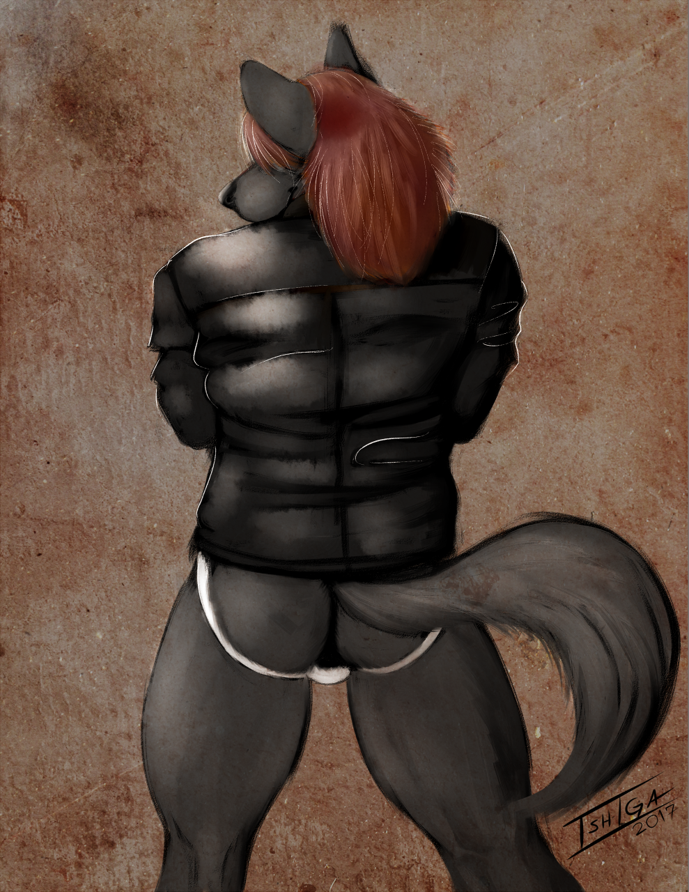 2017 anthro black_fur brown_hair canine clothing digital_media_(artwork) fur hair ishiga-san jacket jockstrap leather leather_jacket male mammal muscular simple_background smile solo underwear wolf yamato_iouko