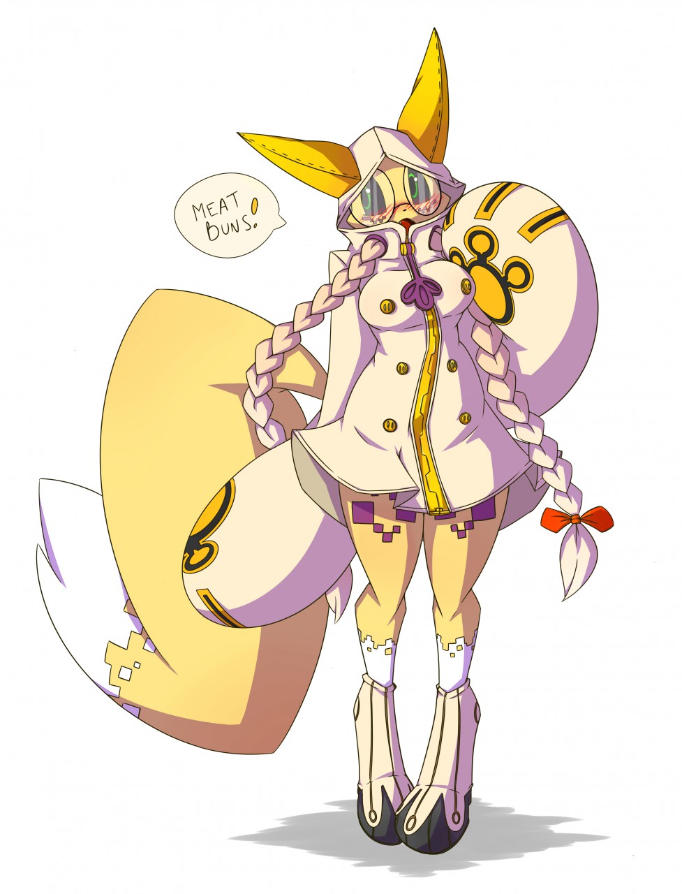 anthro big_breasts blazblue blush book breasts canine clothing cosplay data_(wouhlven) dialogue digimon english_text eyewear fan_character female glasses halloween holidays mammal monochrome navel renamon simple_background sketch solo taokaka text thick_thighs video_games white_background wouhlven