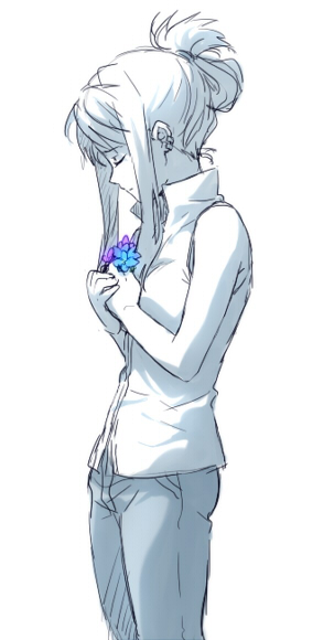 bangs bare_shoulders blue blue_flower closed_eyes conqueror_of_shambala earrings eyebrows_visible_through_hair flower folded_ponytail forget-me-not_(flower) from_side fullmetal_alchemist hands_on_own_chest jewelry monochrome profile purple purple_flower riru sad sidelocks simple_background sleeveless solo spot_color tied_hair white_background winry_rockbell