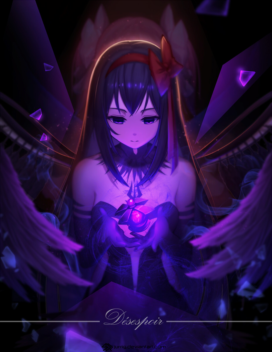 akemi_homura akuma_homura back-to-back black_dress black_gloves black_hair bow dark_background dark_orb_(madoka_magica) dress feathered_wings french gloves glowing hair_bow hair_ribbon highres jurrig kaname_madoka long_hair mahou_shoujo_madoka_magica mahou_shoujo_madoka_magica_movie md5_mismatch multiple_girls pink_hair ribbon solo_focus soul_gem translated ultimate_madoka wings