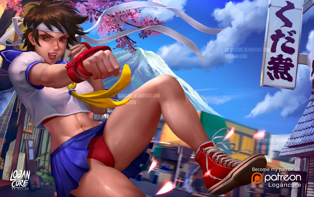 1girl :d artist_logo artist_name ascot blue_sailor_collar blue_skirt breasts brown_eyes brown_hair building capcom cherry_blossoms chun-li cloud commentary converse crop_top day deviantart_username logan_cure looking_at_viewer medium_breasts midriff miniskirt mountain navel neckerchief nose open_mouth outdoors panties pantyhose parted_lips patreon_logo patreon_username pleated_skirt punching red_footwear red_panties road rooftop sailor_collar sakura_kasugano school_uniform shirt shoes short_sleeves skirt smile sneakers solo stomach street_fighter sunlight sweaty teeth tongue translation_request tree twitter_username underwear volcano watermark web_address white_shirt yellow_neckwear