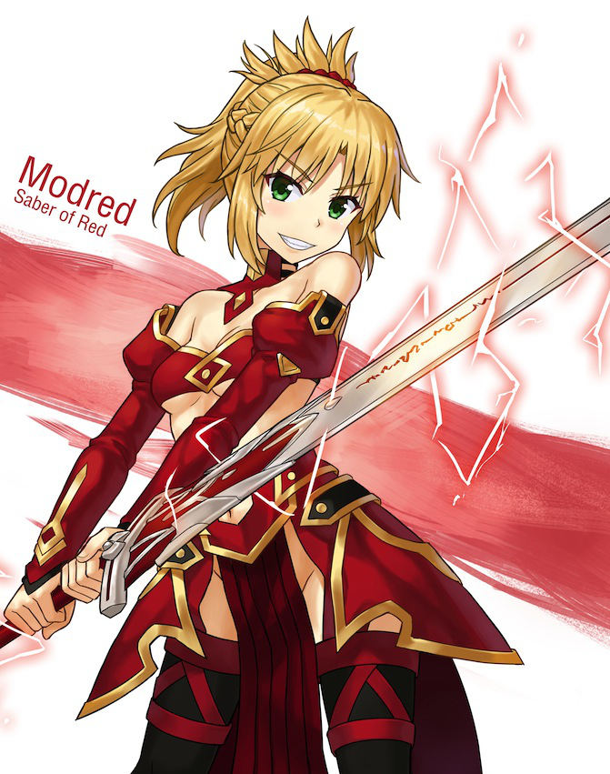 :d blonde_hair braid breasts character_name clarent collarbone commentary_request detached_collar detached_sleeves fate/apocrypha fate/grand_order fate_(series) french_braid green_eyes grin groin holding holding_sword holding_weapon looking_at_viewer mordred_(fate) mordred_(fate)_(all) navel npcpepper open_mouth ponytail simple_background small_breasts smile solo sword thighhighs weapon