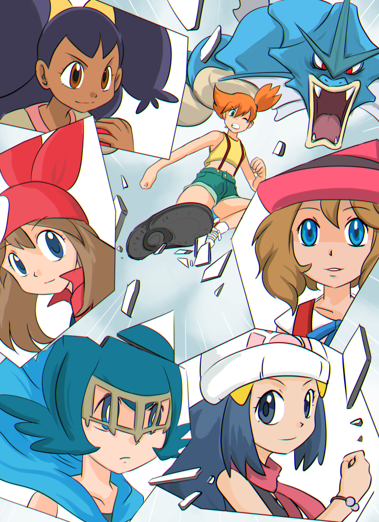 bandana big_hair blonde_hair blue_eyes blue_hair brown_eyes brown_hair dark_skin gen_1_pokemon gyarados gym_leader hairband haruka_(pokemon) hat hikari_(pokemon) holding holding_poke_ball iris_(pokemon) kamen_rider kamen_rider_ryuki_(series) kasumi_(pokemon) long_hair multiple_girls orange_hair poke_ball poke_ball_(generic) pokemon pokemon_(anime) pokemon_(classic_anime) pokemon_(creature) pokemon_ag pokemon_bw_(anime) pokemon_dp_(anime) pokemon_sm_(anime) pokemon_xy_(anime) purple_hair serena_(pokemon) shilfy_yo short_hair side_ponytail sleeveless_duster smile suiren_(pokemon) trial_captain very_long_hair