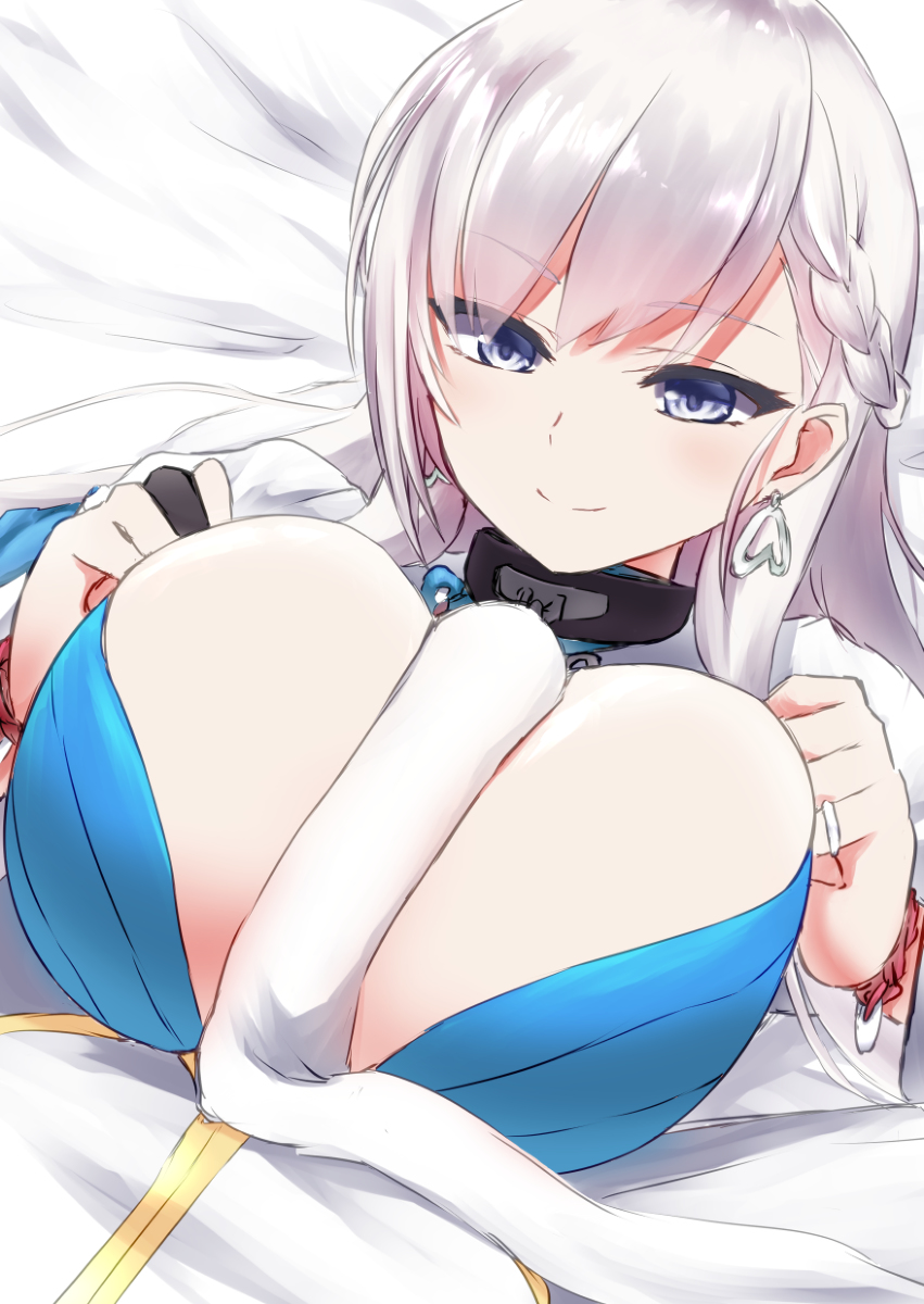 1boy 1girl azur_lane bangs belfast_(azur_lane) blue_dress blue_eyes breasts censored chains choker clothed_paizuri collar collarbone dress earrings hetero highres huge_breasts jewelry long_hair paizuri penis pov shirazawa silver_earrings silver_hair silver_ring smile solo_focus swept_bangs translated tray white_hair