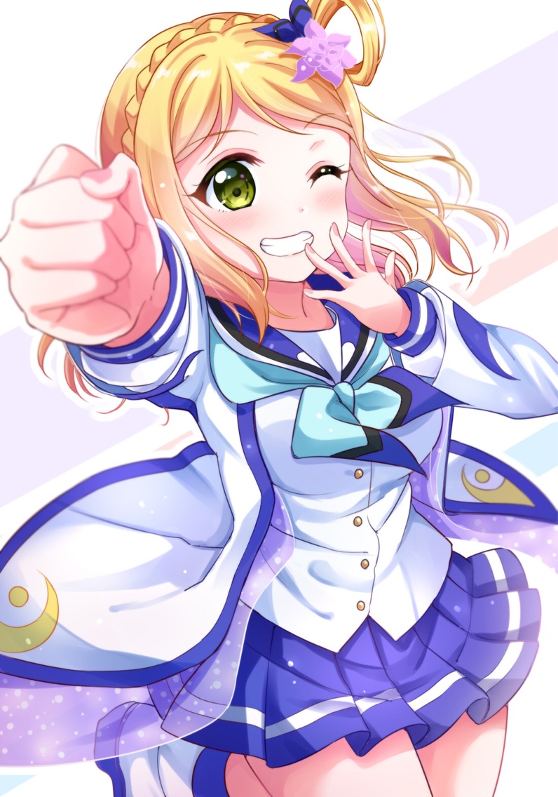 blonde_hair blue_skirt blush breasts green_eyes hair_ornament large_breasts looking_at_viewer love_live! love_live!_sunshine!! mirai_no_bokura_wa_shitteru_yo ohara_mari one_eye_closed parted_lips pipette1223 short_hair skirt smile solo teeth