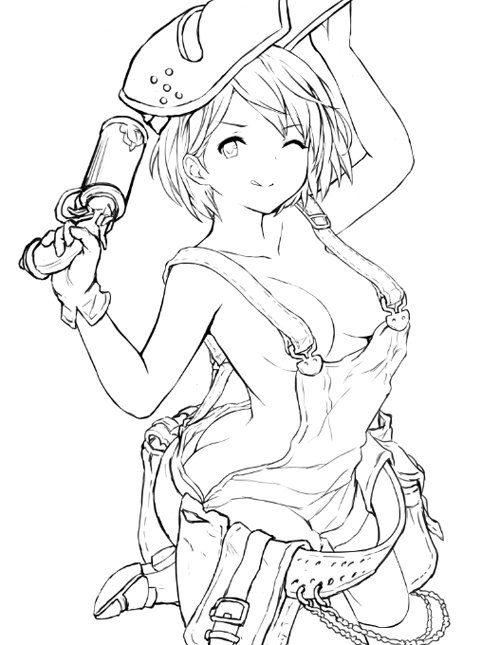 ;q breasts cait djeeta_(granblue_fantasy) granblue_fantasy greyscale gun mechanic_(granblue_fantasy) medium_breasts monochrome naked_overalls one_eye_closed overalls sketch tongue tongue_out weapon welding_mask
