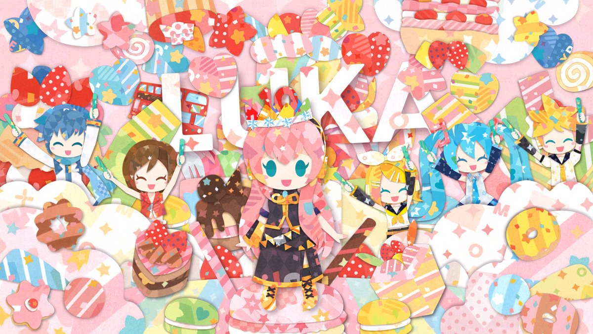 2boys 4girls anniversary blonde_hair blue_eyes blue_hair bow brown_hair bus cake character_name colorful commentary cookie crop_top crown dessert detached_sleeves doughnut eyes_closed food fork french_cruller fruit full_body glowstick ground_vehicle hair_bow hair_ornament hatsune_miku headphones heart kagamine_len kagamine_rin kaito long_hair macaron megurine_luka meiko milo motor_vehicle multiple_boys multiple_girls necktie pink_hair scarf short_hair smile star strawberry swiss_roll twintails very_long_hair vocaloid wafer_stick