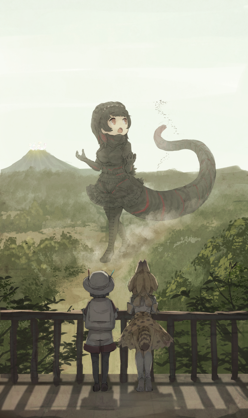 animal_ears backpack bag bionekojita black_dress black_footwear black_hair black_legwear blonde_hair boots cloud cloudy_sky commentary_request day dress elbow_gloves eyebrows_visible_through_hair fang fence frilled_skirt frills from_behind giantess gloves godzilla godzilla_(series) gothic_lolita hat hat_feather helmet high-waist_skirt highres kaban_(kemono_friends) kemono_friends lolita_fashion looking_up mountain multiple_girls open_mouth outdoors pantyhose partial_commentary pith_helmet print_skirt red_eyes sandstar serval_(kemono_friends) serval_ears serval_print serval_tail shadow shin_godzilla short_hair short_sleeves shorts skirt sky tail tiptoes tree walking yellow_skirt
