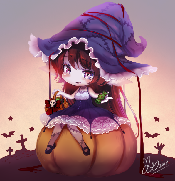 1girl akira_b animal bangs bare_arms bare_shoulders bat black_footwear blush bow brown_hair candy_wrapper character_request chibi commentary_request dress eyebrows_visible_through_hair halloween_basket hat league_of_legends long_hair mary_janes parted_lips pumpkin purple_dress purple_eyes purple_hat red_bow shoes signature sitting skull sleeveless sleeveless_dress solo star stitches very_long_hair