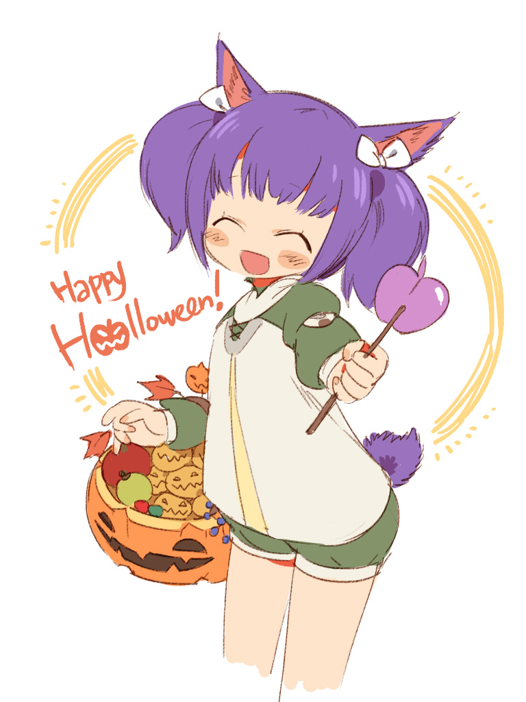 animal_ears blush_stickers bow cat_ears cat_tail closed_eyes final_fantasy final_fantasy_xiv hair_bow happy_halloween jack-o'-lantern mao_yu miqo'te open_mouth purple_hair short_hair shorts simple_background solo standing tail