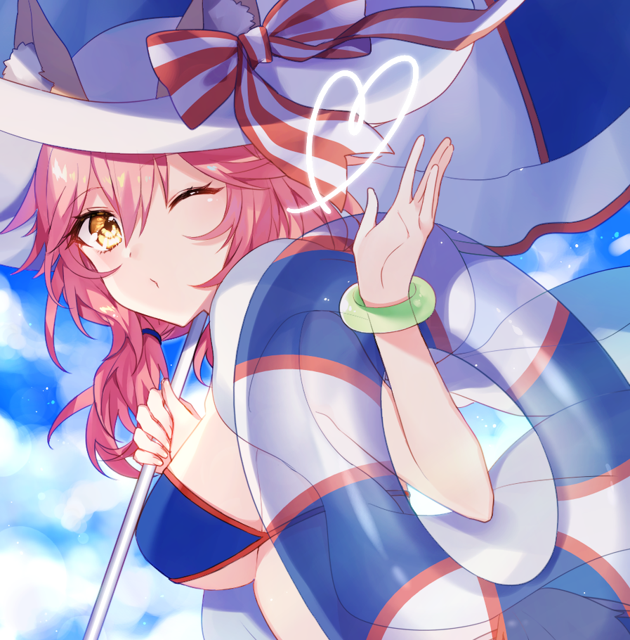 1girl animal_ear_fluff animal_ears bangs bikini bikini_under_clothes blue_bikini blue_sky blush bow breasts closed_mouth cloud cloudy_sky commentary_request day ears_through_headwear eburidei_hitomigokuu eyebrows_visible_through_hair fate/grand_order fate_(series) fingernails fox_ears hair_between_eyes hair_tie hat hat_bow heart holding innertube jacket large_breasts long_hair looking_at_viewer looking_back one_eye_closed open_clothes open_jacket outdoors pink_hair red_bow sky sleeveless_jacket solo striped striped_bow sun_hat swimsuit tamamo_(fate)_(all) tamamo_no_mae_(swimsuit_lancer)_(fate) transparent upper_body white_hat white_jacket