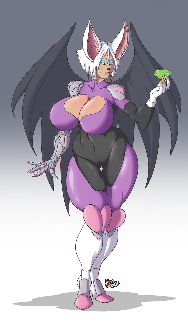 5_fingers anthro bat big_breasts blush boots breasts butt camel_toe cleavage clothed clothing cybernetics digital_media_(artwork) emerald_(disambiguation) female footwear front_view gloves green_eyes hair kanogetz machine mammal nails navel rouge_the_bat simple_background solo sonic_(series) standing tight_clothing video_games white_hair wide_hips wings