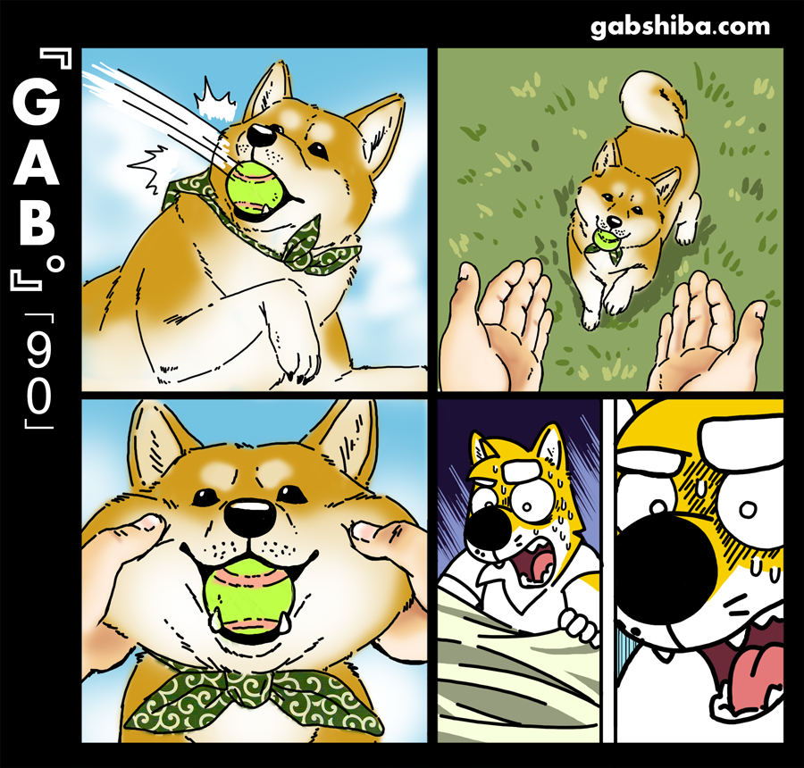 5_fingers anthro ball bandanna black_eyes black_nose canine cheek_tuft clothed clothing comic countershade_face countershade_tail countershade_torso countershading disembodied_hand dog dream eyebrows feral fully_clothed fur gab_shiba gabshiba grass mammal multicolored_fur shiba_inu shirt solo solo_focus sweat t-shirt tennis_ball tuft two_tone_fur two_tone_tail waking_up white_countershading white_fur white_tail white_topwear yellow_fur yellow_tail