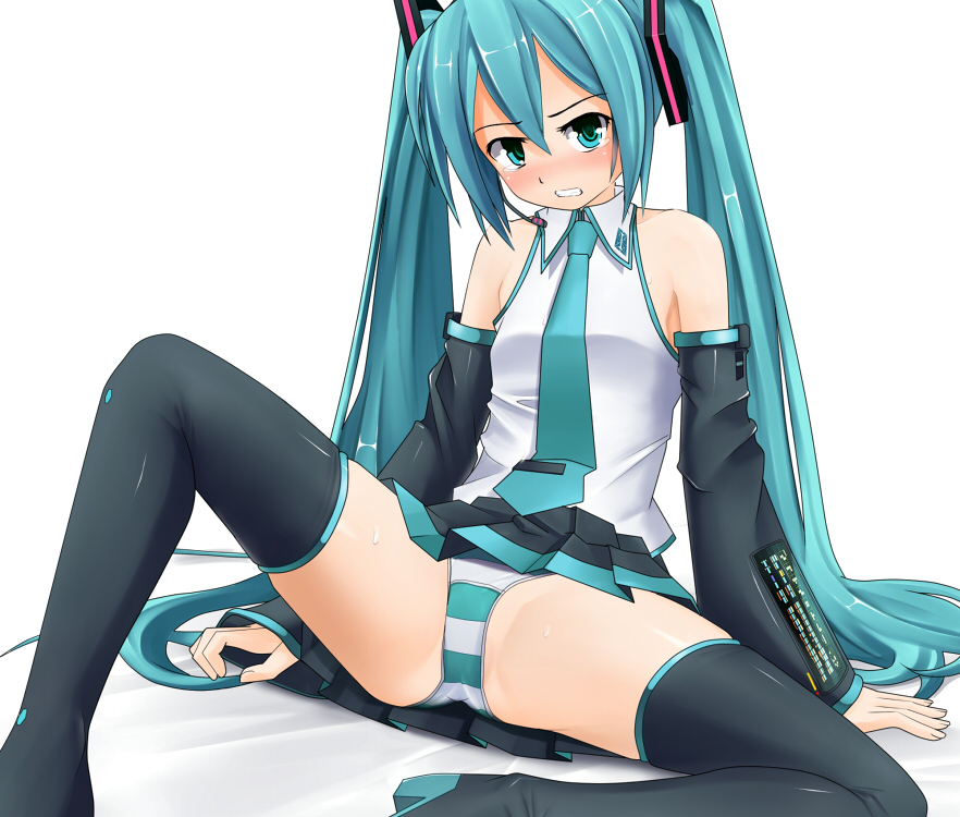 angry aqua_eyes aqua_hair arm_support black_legwear blouse boots detached_sleeves eto green_panties hatsune_miku headset leaning_back long_hair necktie panties simple_background sitting skirt sleeveless solo spread_legs striped striped_panties tears thigh_boots thighhighs twintails underwear very_long_hair vocaloid