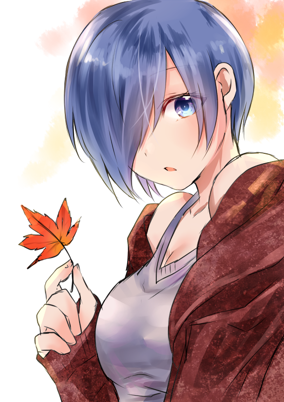 1girl bare_shoulders blue_hair breasts chii_(sbshop) collarbone commentary_request dot_nose eyebrows_visible_through_hair eyes_visible_through_hair grey_shirt hair_over_one_eye holding holding_leaf jacket kirishima_touka leaf light_background looking_at_viewer medium_breasts multicolored multicolored_background open_eyes open_mouth purple_eyes red_jacket shirt short_hair simple_background solo tokyo_ghoul