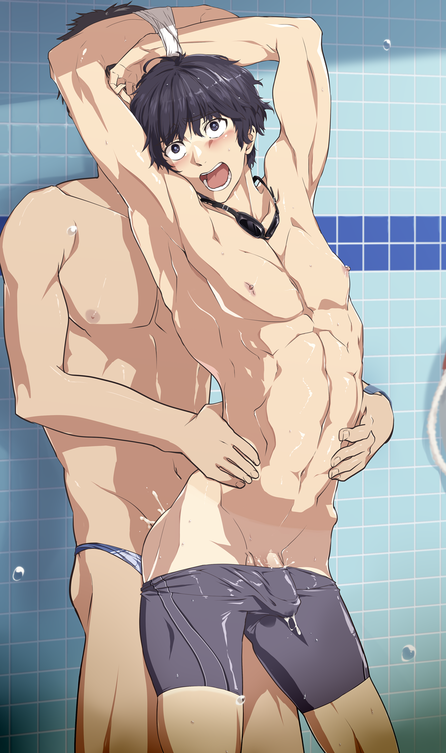 2boys abs anal armpit bathroom black_hair blush bulge crotch cum cum_in_ass cum_while_penetrated ejaculation erection goggles male_focus multiple_boys muscle nipples open_mouth orgasm penetration penis restrained sex shower swimsuit tama_hiro tan tanline wet wince yaoi