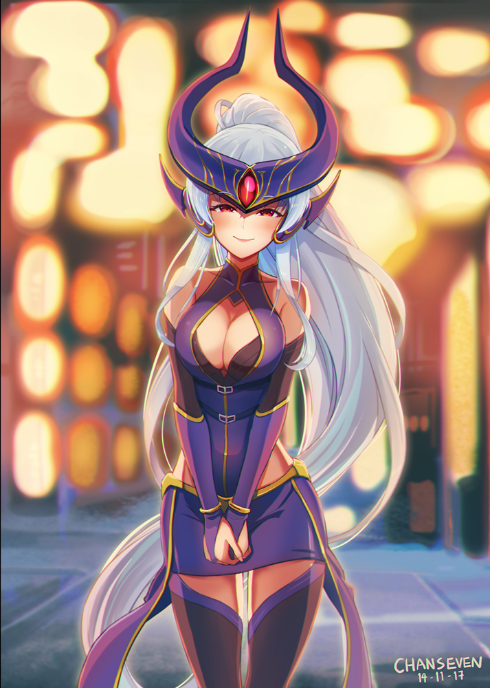 artist_name bare_shoulders blush breasts chan_qi_(fireworkhouse) cleavage cleavage_cutout dated elbow_gloves gloves hair_ornament half-closed_eyes helmet large_breasts league_of_legends long_hair looking_at_viewer outdoors ponytail red_eyes skirt smile solo syndra thighhighs very_long_hair white_hair