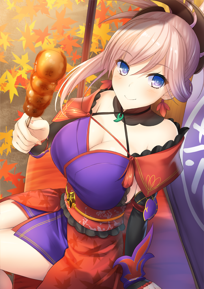arm_at_side arm_guards autumn bare_shoulders bench blue_eyes blush breasts cleavage dango earrings fate/grand_order fate_(series) food frills from_side holding holding_food japanese_clothes jewelry kimono large_breasts long_hair looking_at_viewer looking_to_the_side magatama miyamoto_musashi_(fate/grand_order) nail_polish off_shoulder outdoors pink_nails ponytail purple_kimono sash shiny shiny_hair silver_hair sitting solo taiki_ken tareme wagashi