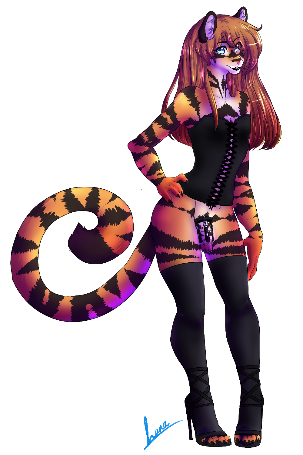 anthro apocalypticluna chastity clothed clothing dress feline footwear high_heels legwear mammal shoes stockings tiger trap_(disambiguation)