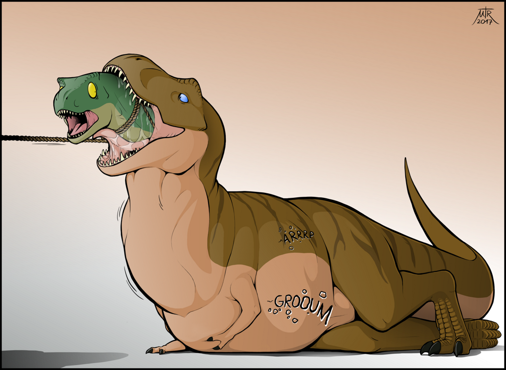 belly big_belly blue_eyes bulge cannibalism comic digestion dinosaur eating feral feral_on_feral forced licking lying male male_pred mentalraven neck_bulge oral_vore rothar saliva simple_background soft_vore stomach_noises swallowing theropod tongue tongue_out tyrannosaurus_rex vore