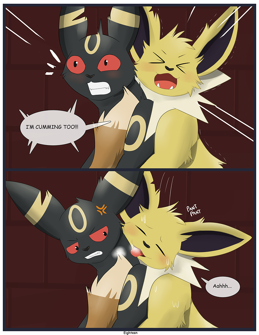 3-way black_fur blush brown_fur comic cum cum_inside digital_media_(artwork) eevee eeveelution female from_behind_position fur jolteon male male/female male/male male/male/female nintendo orgasm panting penetration pocket_monsters pok&eacute;mon pok&eacute;mon_(species) sex sweat teeth text tongue tongue_out umbreon video_games white_fur xxgato yami