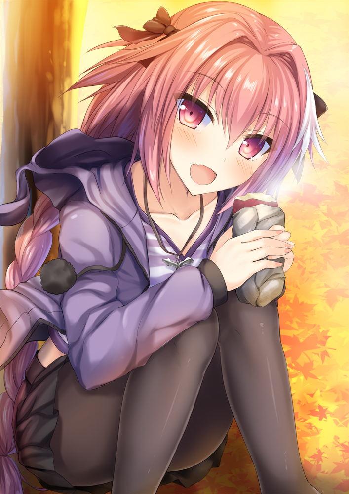 :d against_tree astolfo_(fate) autumn autumn_leaves black_bow black_legwear black_skirt blush bow braid casual collarbone fang fate/apocrypha fate/grand_order fate_(series) food hair_bow hair_intakes holding holding_food hood hood_down hooded_jacket jacket jewelry leaning_forward long_hair long_sleeves looking_at_viewer male_focus miniskirt multicolored_hair nail_polish necklace open_mouth otoko_no_ko outdoors pantyhose pendant pink_eyes pink_hair pink_nails pom_pom_(clothes) purple_jacket shiny shiny_hair shirt single_braid sitting skirt smile solo streaked_hair striped striped_shirt sweet_potato taiki_ken tree very_long_hair white_hair wrapper