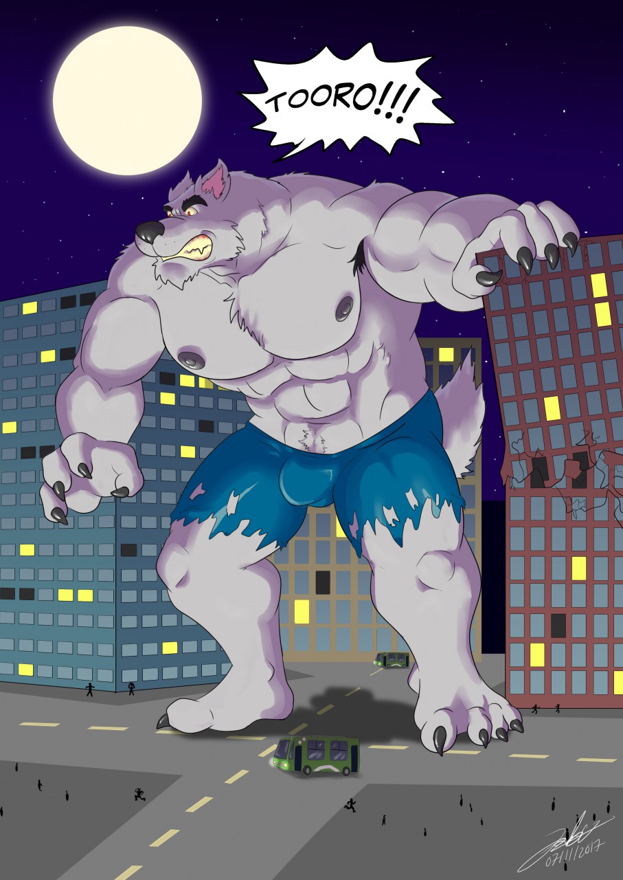 ! 2017 4_fingers 4_toes abs angry anthro armpit_hair barefoot biceps biped black_eyebrows black_nose blue_bottomwear blue_clothing blue_underwear boxers_(clothing) building bulge bus canine city claws clenched_teeth clothed clothing destruction detailed_background digital_media_(artwork) eyebrows front_view full_moon fur grey_claws grey_fur grey_nipples grey_tail hi_res lobbo macro male mammal miguel_okami moon muscular muscular_male night nipples outside pecs red_eyes signature sky snout solo speech_bubble standing star starry_sky street teeth text toe_claws toes topless torn_clothing underwear vehicle were werewolf