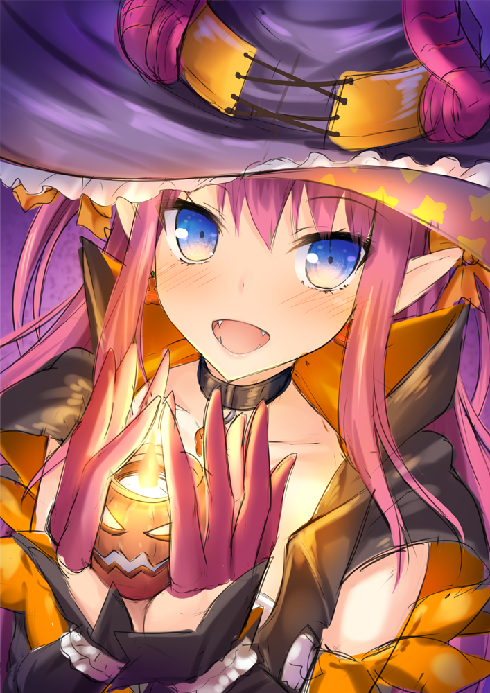 :d alternate_costume black_choker blue_eyes blush candle choker collarbone detached_sleeves earrings elizabeth_bathory_(fate) elizabeth_bathory_(fate)_(all) elizabeth_bathory_(halloween)_(fate) eyebrows_visible_through_hair fangs fate/extra fate/extra_ccc fate/grand_order fate_(series) food_themed_earrings halloween_costume hat holding horns_through_headwear jack-o'-lantern jewelry long_hair long_sleeves open_mouth pendant pink_hair pointy_ears pumpkin pumpkin_earrings purple_hat sidelocks smile solo star star_print taiki_ken upper_body witch_hat