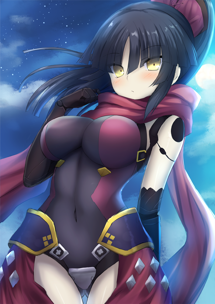 adjusting_scarf android arm_behind_back ass_visible_through_thighs backlighting bangs bare_shoulders black_gloves black_hair blush breasts closed_mouth covered_navel cowboy_shot elbow_gloves fate/grand_order fate_(series) full_moon gloves katou_danzou_(fate/grand_order) large_breasts leotard long_hair moon moonlight night night_sky outdoors parted_bangs ponytail purple_leotard red_scarf robot_joints scarf shiny shiny_hair sky solo standing star_(sky) starry_sky taiki_ken waist_cape yellow_eyes