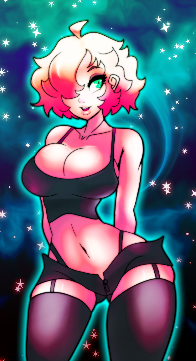 atropos breasts cleavage green_eyes original pinup short_hair space stars tanktop xpisigma