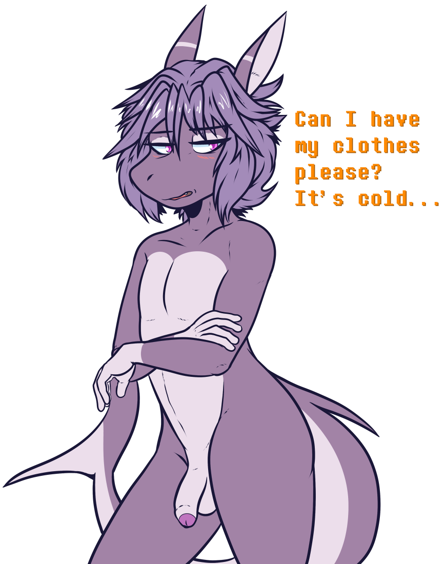 2017 alpha_channel anthro balls blush crackers english_text fish flaccid hair looking_aside male marine nude open_mouth penis purple_body purple_eyes purple_hair shark simple_background solo standing text transparent_background