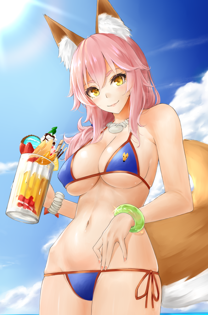 animal_ears bangle bare_arms bare_shoulders bikini blue_bikini blue_sky bracelet breasts chocolate cloud commentary_request cowboy_shot cup day drink drinking_glass fate/grand_order fate_(series) food fox_ears fox_tail from_below fruit glint hair_over_shoulder holding holding_cup jewelry kitagawa_onitarou large_breasts lips long_hair looking_at_viewer looking_down low-tied_long_hair lowleg lowleg_bikini nail_polish navel necklace orange_ribbon outdoors pink_hair pink_nails ribbon side-tie_bikini sky smile solo standing stomach strawberry string_bikini sunlight swimsuit tail tamamo_(fate)_(all) tamamo_no_mae_(swimsuit_lancer)_(fate) thighs underboob yellow_eyes