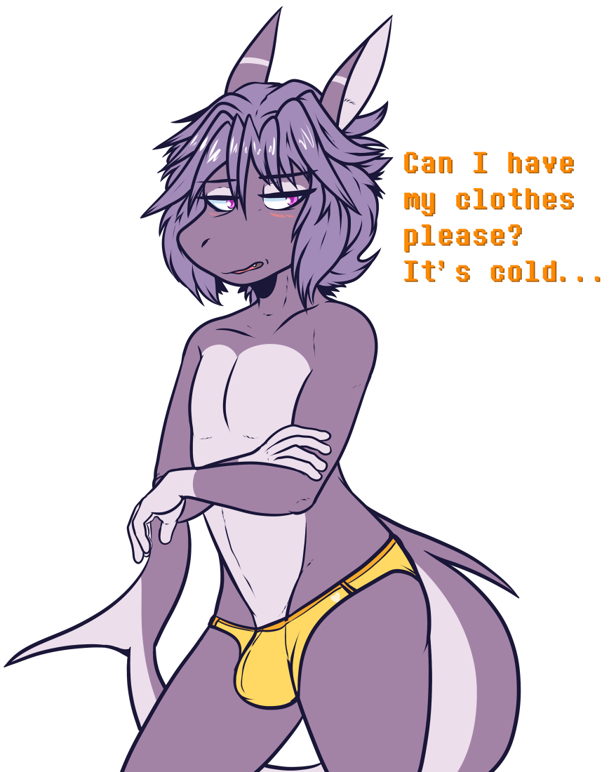 2017 alpha_channel anthro blush bulge clothed clothing crackers english_text fish hair looking_aside male marine open_mouth purple_body purple_eyes purple_hair shark simple_background solo standing text topless transparent_background underwear