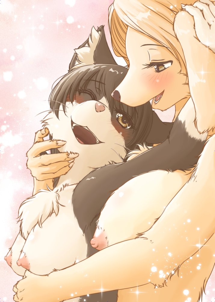 2019 5_fingers anthro areola black_fur blush breasts brown_nose canid canine canis cheek_tuft chest_tuft dog domestic_cat duo erect_nipples eyelashes felid feline felis female female/female fur hug hugging_from_behind inner_ear_fluff kemono mammal nipples nude one_eye_closed open_mouth pink_nipples pink_nose side_view tan_fur teeth tuft whiskers white_fur yosuke7390