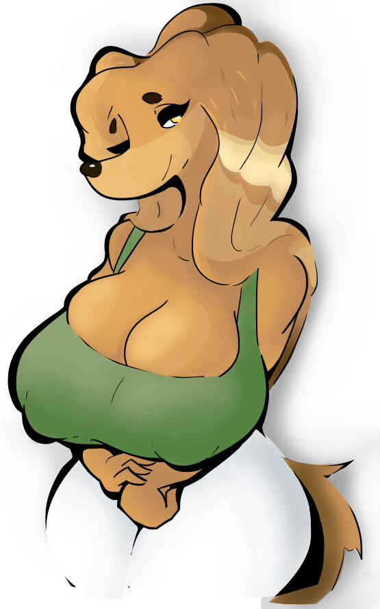 2017 anthro big_breasts breasts brown_eyebrows brown_fur brown_nose brown_tail canine cleavage clothed clothing digital_media_(artwork) dog dogmom eyebrows female front_view fully_clothed fur green_clothing green_shirt green_topwear huge_breasts looking_at_viewer mammal pants portrait saluki shirt simple_background smile solo standing tank_top tentaclebot three-quarter_portrait white_background white_bottomwear white_clothing white_pants yellow_eyes