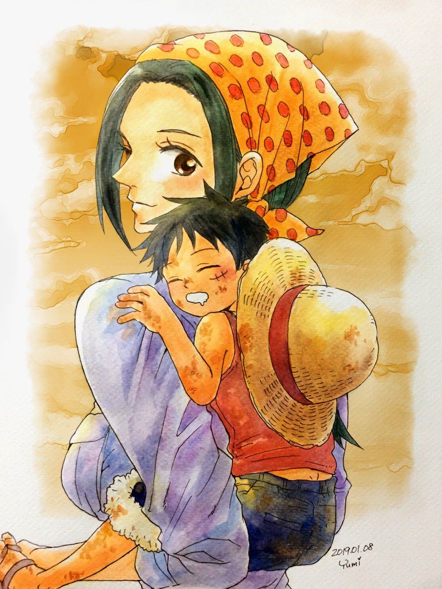 1boy 1girl age_difference artist_request makino_(one_piece) monkey_d_luffy one_piece smile source_request