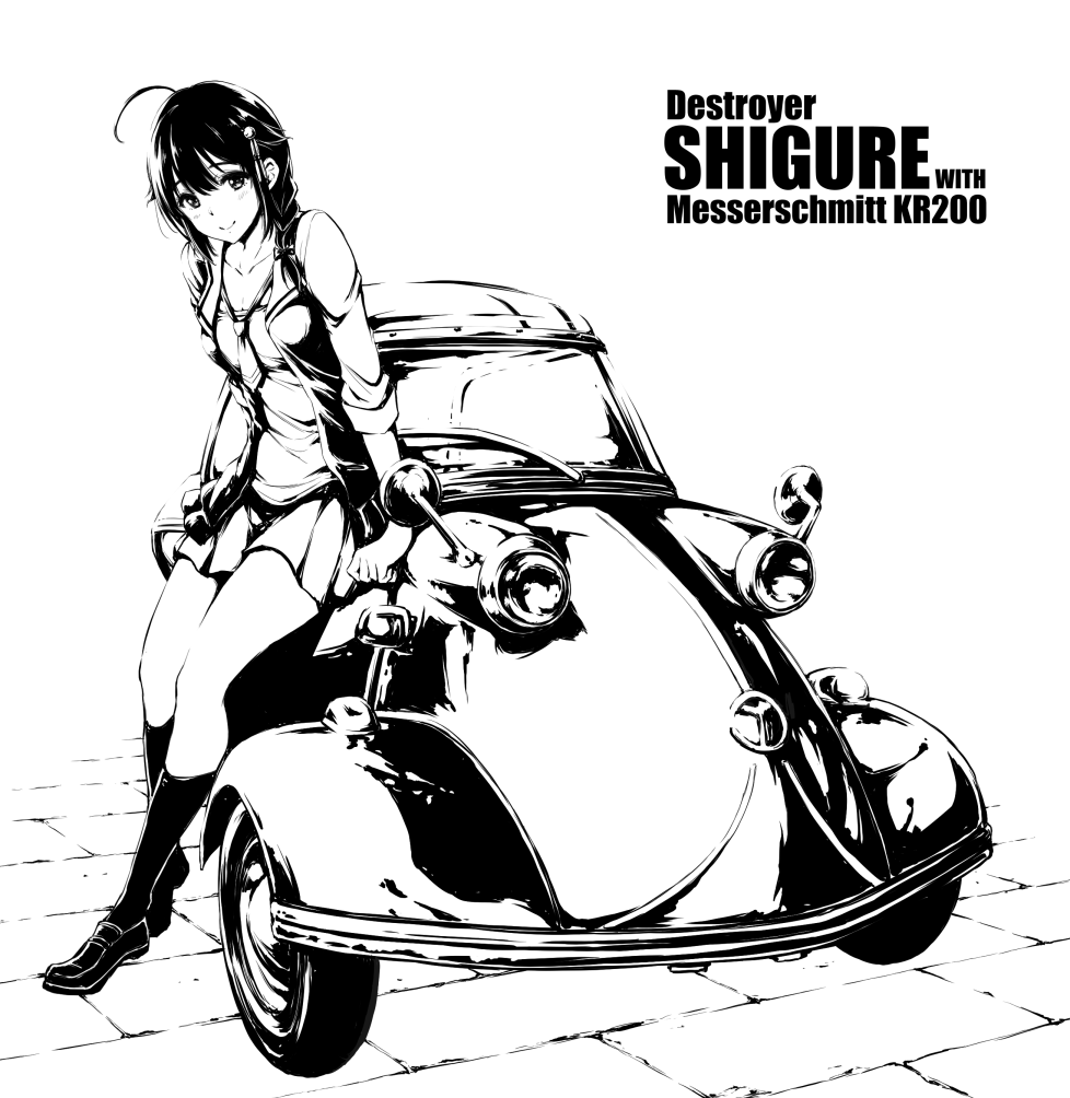 alternate_costume black_legwear braid character_name full_body greyscale ground_vehicle hair_flaps hair_ornament hair_over_shoulder kantai_collection loafers long_hair looking_at_viewer messerschmitt_kr200 monochrome motor_vehicle necktie pleated_skirt remodel_(kantai_collection) shigure_(kantai_collection) shoes simple_background single_braid skirt smile solo vehicle_name white_background yammy