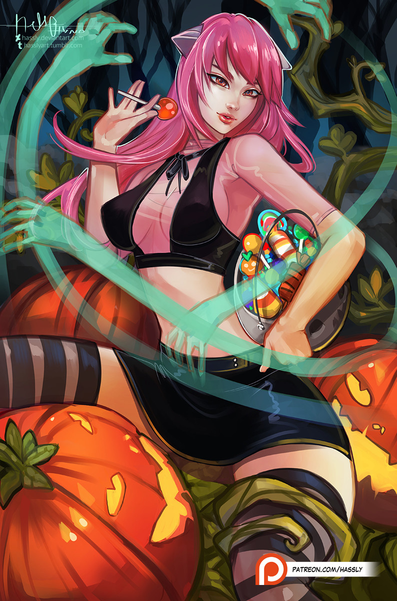 1girl breasts candy cleavage elfen_lied halloween horns jack-o-lantern lucy medium_breasts monster_girl pink_hair pumpkin red_eyes see-through sheer_top sideboob skirt striped_socks thighhighs