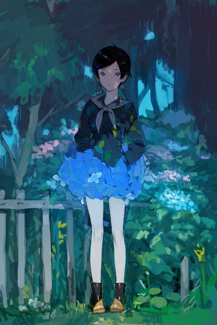 ankle_boots black_eyes black_hair blue_skirt boots closed_mouth earrings fence flower flower_clothes forest grass grey_sailor_collar jewelry looking_at_viewer nature neckerchief original rain rubber_boots sailor_collar school_uniform serafuku short_hair skirt solo standing tree ukumo_uichi yellow_neckwear