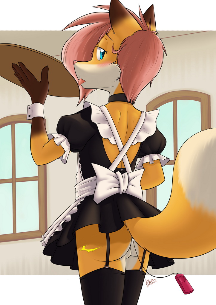 2015 anal anal_masturbation anal_penetration anthro backsack balls blue_eyes blush bottomless brown_fur butt canine clothed clothing crossdressing fox fur garter_straps girly hair inside kiyochii legwear looking_at_viewer maid_uniform male mammal masturbation orange_fur penetration pink_hair pink_nose rear_view sex_toy solo stockings thigh_highs tongue tongue_out uniform vibrator white_fur window