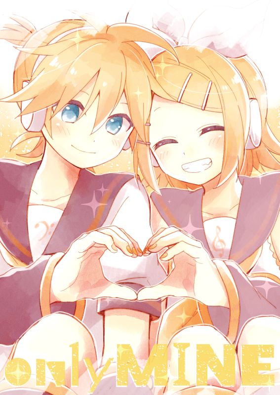 1girl :d ^_^ blonde_hair blue_eyes brother_and_sister closed_eyes commentary_request detached_sleeves english eyebrows_visible_through_hair hair_ornament hairclip headphones heart heart_hands heart_hands_duo kagamine_len kagamine_rin looking_at_viewer necktie open_mouth ryou_(fallxalice) sailor_collar short_hair siblings smile twins vocaloid