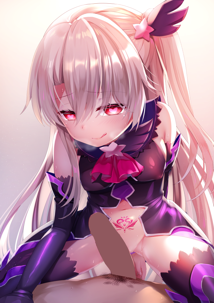 1girl :q ascot bare_shoulders blonde_hair blush breasts breath commentary_request corruption dark_persona elbow_gloves erect_nipples eyebrows_visible_through_hair fate/grand_order fate/kaleid_liner_prisma_illya fate_(series) girl_on_top gloves gradient gradient_background hair_between_eyes hair_ornament heart heart-shaped_pupils heart_tattoo hetero illyasviel_von_einzbern long_hair looking_at_viewer male_pubic_hair medium_breasts mvv navel no_panties pubic_hair pubic_tattoo red_eyes side_ponytail simple_background smile solo_focus spread_legs star star_hair_ornament straddling sweat symbol-shaped_pupils tattoo testament_(fate) thighhighs tongue tongue_out very_long_hair