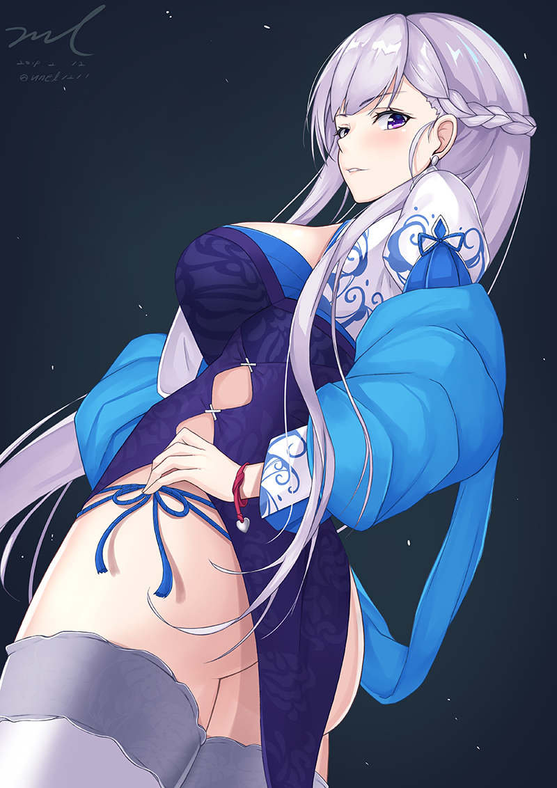 1girl alternate_costume ass azur_lane bangs belfast_(azur_lane) blue_eyes blush braid breasts chains china_dress chinese_clothes collar dated dress earrings eyebrows_visible_through_hair from_side jewelry large_breasts long_hair looking_at_viewer panties parted_lips pelvic_curtain purple_hair shrug_(clothing) side-tie_panties signature smile solo thighhighs underwear unel