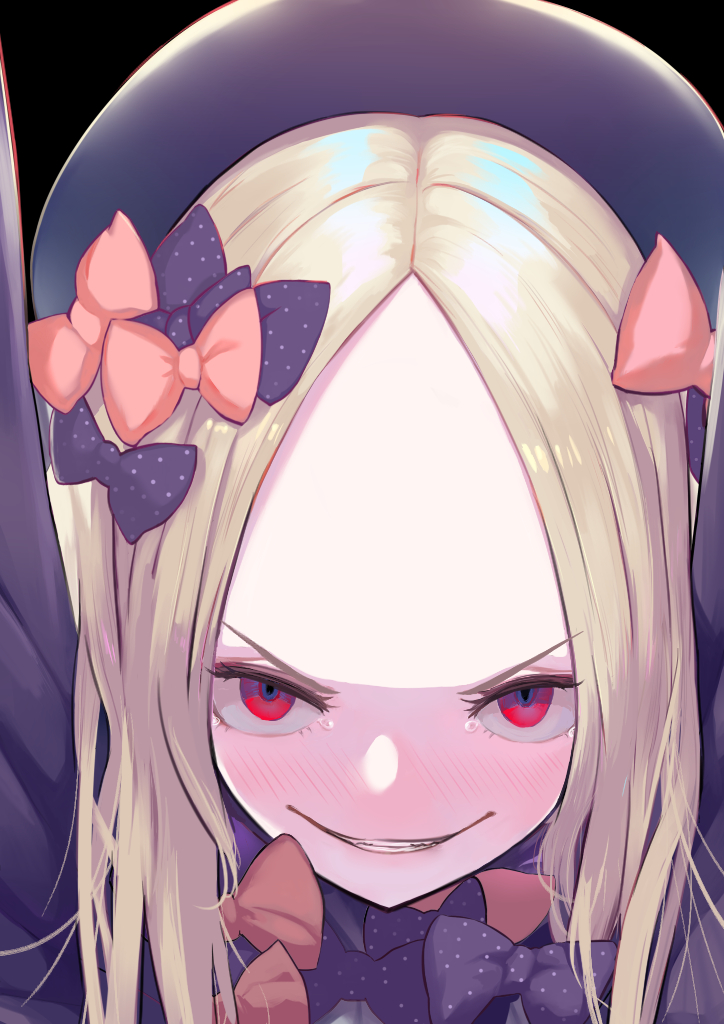 1girl abigail_williams_(fate/grand_order) black_bow black_hat blonde_hair blush bow everfornever evil_grin evil_smile eyebrows eyelashes fate/grand_order fate_(series) forehead grin hair_bow hat long_sleeves looking_at_viewer multiple_bows open_mouth orange_bow polka_dot polka_dot_bow red_eyes smile solo tears