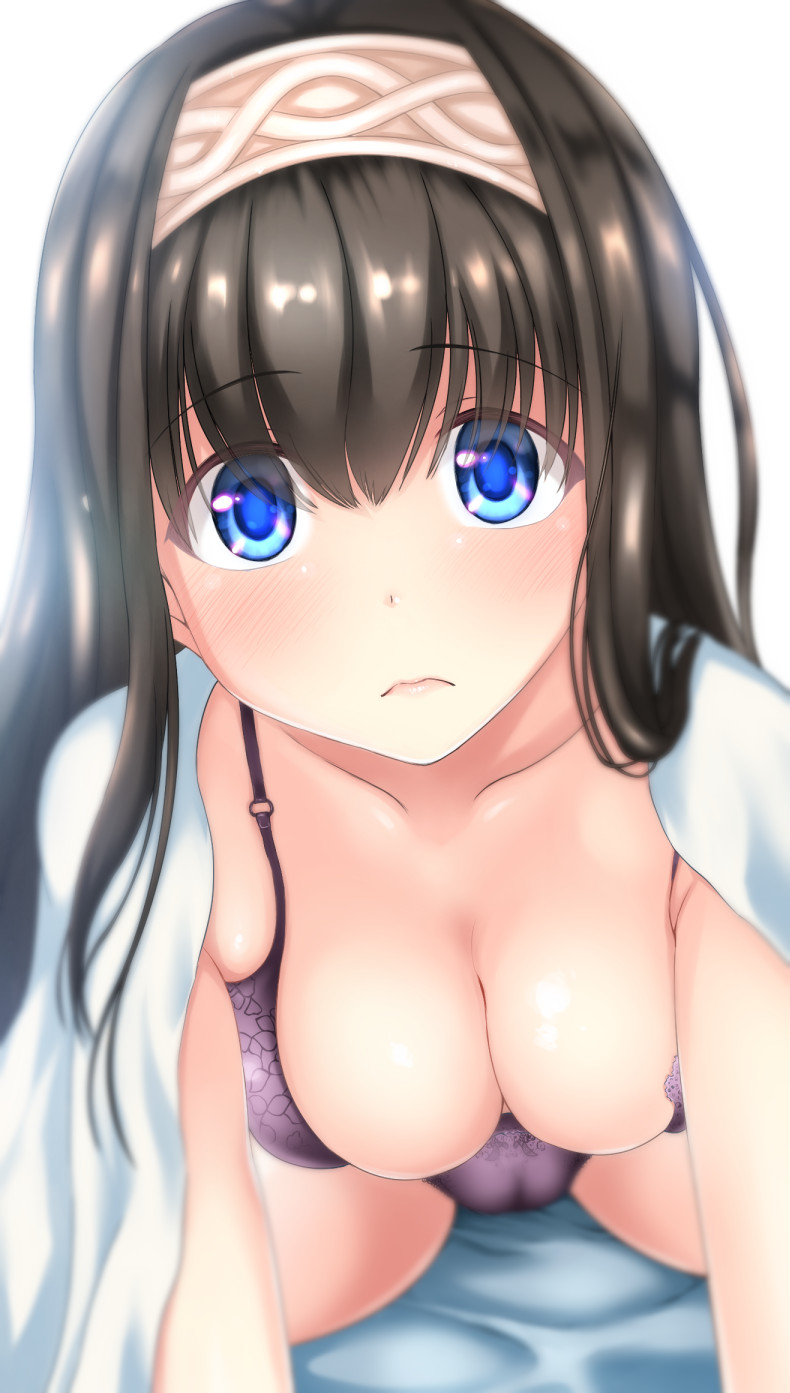 bed bed_sheet black_hair blue_eyes blush breasts cameltoe cleavage commentary_request eyebrows_visible_through_hair hairband hanging_breasts highres idolmaster idolmaster_cinderella_girls large_breasts light_blush lingerie long_hair looking_at_viewer naharyou sagisawa_fumika solo spread_legs underwear