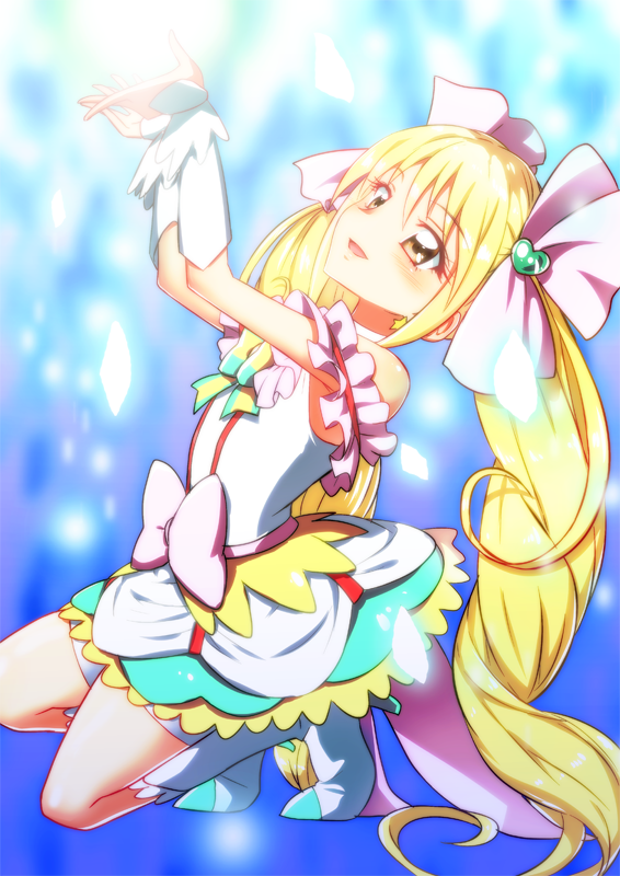 blonde_hair blue_background commentary_request cure_echo hair_ribbon kneeling long_hair magical_girl precure precure_all_stars_new_stage:_mirai_no_tomodachi red_eyes ribbon sakagami_ayumi solo twintails very_long_hair white_ribbon wrist_cuffs yuto_(dialique)