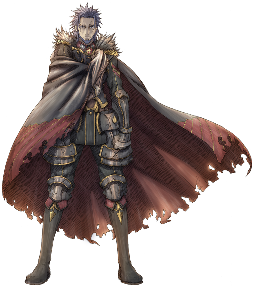 armor armored_boots beard boots cape dahau facial_hair full_body fur_trim gloves looking_at_viewer male_focus official_art purple_eyes purple_hair senjou_no_valkyria senjou_no_valkyria_3 solo transparent_background